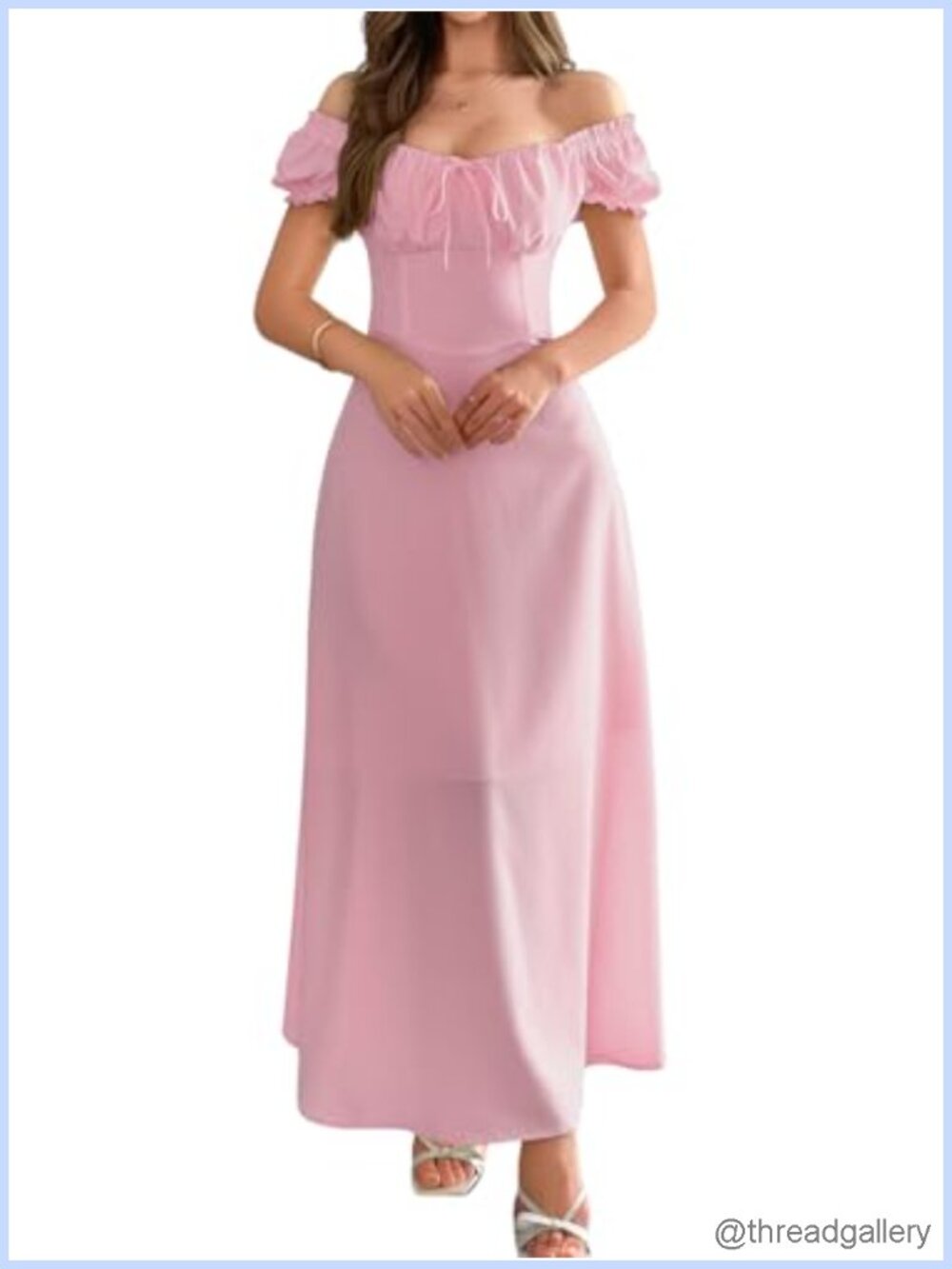 Off Shoulder A Line Maxi Dress Square Neck Drop Waist Lace Up Flowy